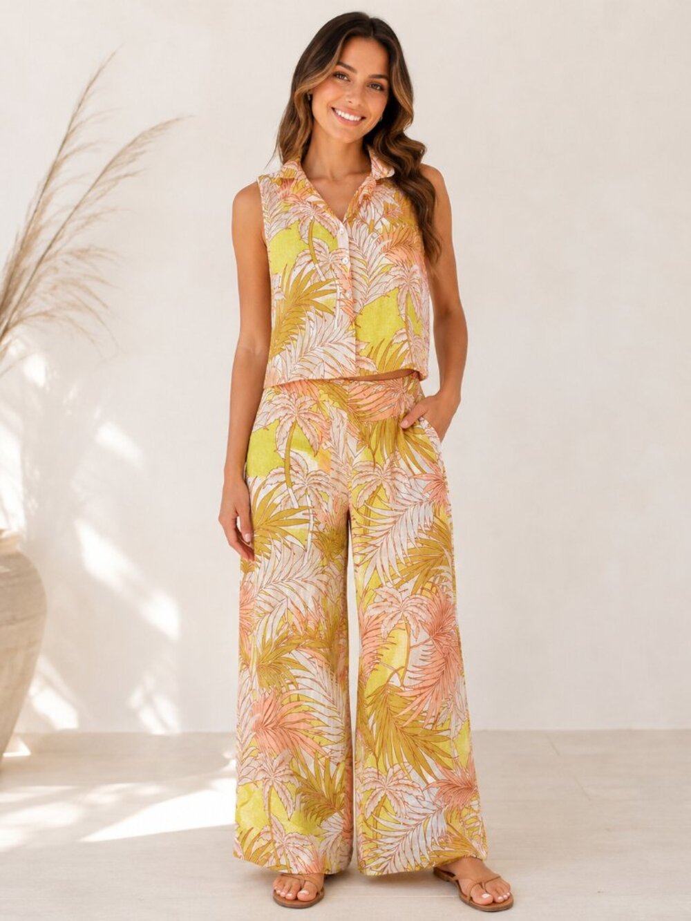 Tahari European Flax Linen Tropical Matching Set Wide Leg Pants Size M